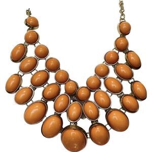 Vintage Orange Peach Color Oval Beaded Big Gold Tone Statement Necklace 20”